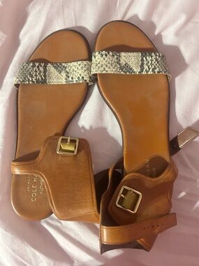 Cole Haan Tan Leather Sandals with Snakeskin Front Strap and Gold Buckles